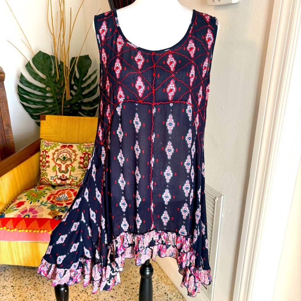 RAGA Navy Blue & Red Print Boho Swing Dress or Top! Embroidered! Asymmetric. Md